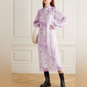 Ganni Purple Floral Print Pleated Midi Dress